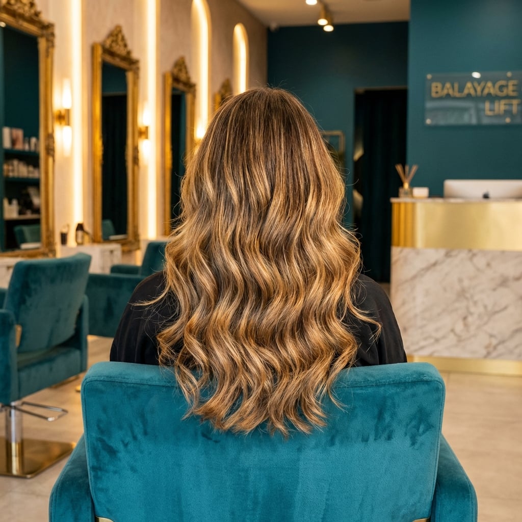 Radiant woman enjoying a spa treatment in a serene teal and gold setting